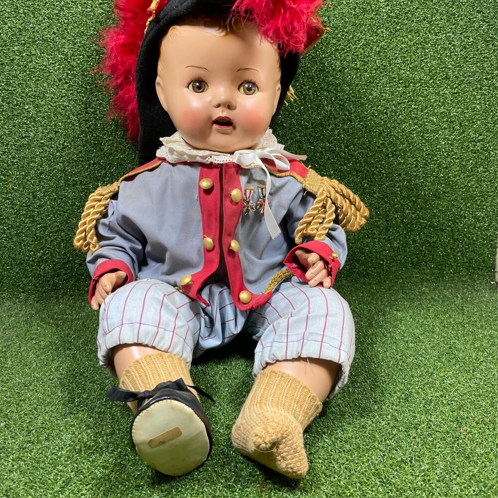 Antique 1930s Unmarked 20" Baby Doll Composition Soldier Plumed Hat Opening Eyes